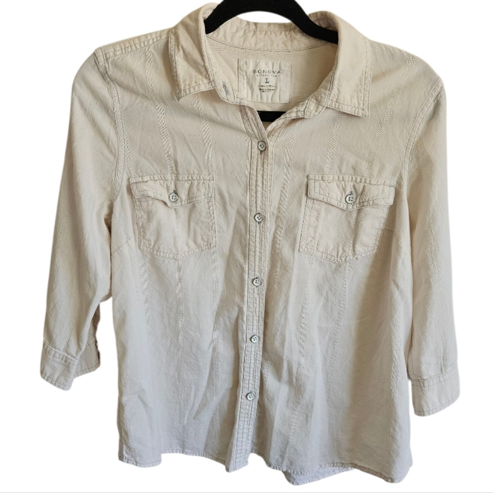 Sonoma Light Beige Button-Up Shirt 3/4 Length Sleeve Size Large